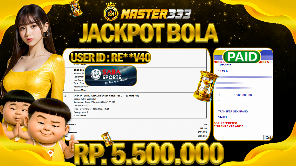 JACKPOT 5.500.000 JUTA DI MASTER333 LANGSUNG DI BAYAR LUNAS